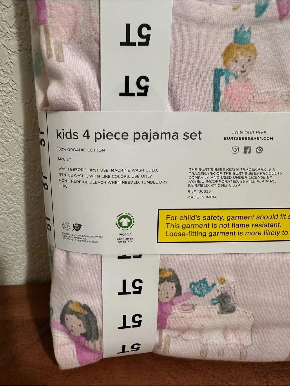 Burt's Bees Pink Kids Tea Party Pajama 4-Piece Set NWT
